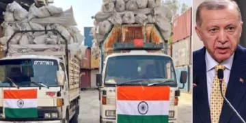 തുര്‍ക്കി പ്രസിഡന്‍റ് എര്‍ദോഗാന്‍ (വലത്ത്) താലിബാന്‍ സര്‍ക്കാരിന് സഹായവുമായി പോകുന്ന ഇന്ത്യന്‍ വാഹനങ്ങള്‍ (ഇടത്ത്)