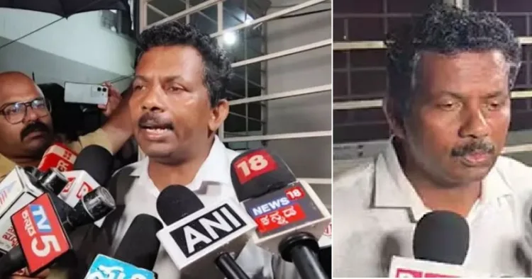 ധര്‍മ്മസ്ഥലയെക്കുറിച്ച് നുണപറയുമ്പോള്‍ ടി. ജയന്തിന് ചുറ്റും മീഡിയക്കൂട്ടം(ഇടത്ത്) പൊലീസ് ജയന്തിന്‍റെ ബെംഗളൂരുവിലെ വാടകവീട് റെയ്ഡ് ചെയ്ത ശേഷം തകര്‍ന്നടിഞ്ഞ ജയന്ത്. മരുന്നിന് രണ്ട് ടിവി ചാനല്‍ പോലുമില്ല (വലത്ത്)