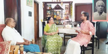 കൊയിലേര്യന്‍ സുമുഖന്റെ മകള്‍ വിമലയില്‍ നിന്നും വിവരങ്ങള്‍ ശേഖരിക്കുന്ന തിരൂര്‍ ദിനേശ്‌