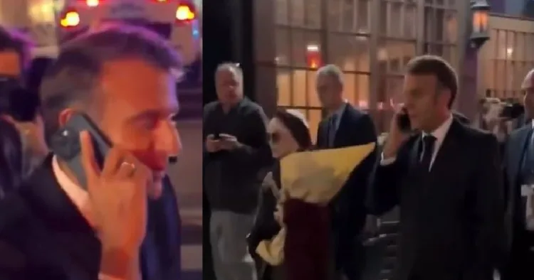 ഫ്രഞ്ച് പ്രസിഡന്‍റ് മാക്രോണ്‍ ട്രംപിനെ ഫോണില്‍ വിളിക്കുന്നു (ഇടത്ത്) നിരാശനായി അദ്ദേഹം വൈറ്റ് ഹൗസിലേക്ക് നടക്കുന്നു (വലത്ത്)