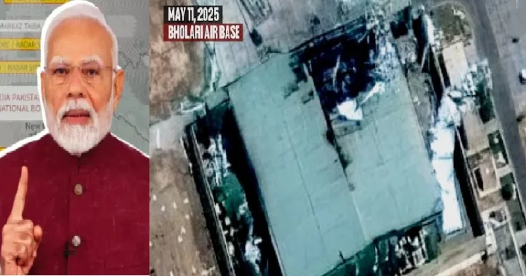 ഓപ്പറേഷന്‍ സിന്ദൂറില്‍ പാകിസ്ഥാനിലെ ഭോലാരി വ്യോമബേസില്‍ ഇന്ത്യ ഹംഗാര്‍ തകര്‍ത്തതിന്‍റെ ഉപഗ്രഹ ചിത്രം (വലത്ത്)