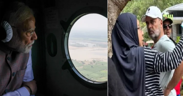 പ്രധാനമന്ത്രി മോദി പഞ്ചാബിലെത്തി പ്രളയക്കാഴ്ചകള്‍ കാണുന്നു (ഇടത്ത്) രാഹുല്‍ ഗാന്ധി മലേഷ്യന്‍ ടൂറില്‍ (വലത്ത്)