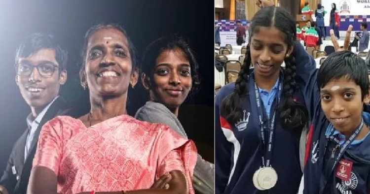 അമ്മ നാഗലക്ഷിയോടൊപ്പം പ്രജ്ഞാനന്ദയും വൈശാലിയും (ഇടത്ത്) വൈശാലിയും പ്രജ്ഞാനന്ദയും കുട്ടികളായിരുന്നപ്പോള്‍ (വലത്ത്)