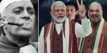 നെഹ്രു (ഇടത്ത്) മോദി, അമിത് ഷാ (വലത്ത്)