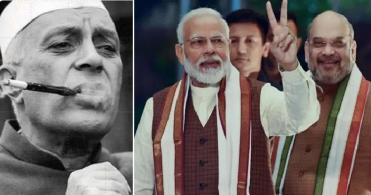നെഹ്രു (ഇടത്ത്) മോദി, അമിത് ഷാ (വലത്ത്)