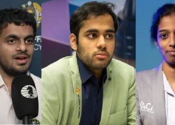 നിഹാല്‍ സരിന്‍ (ഇടത്ത്) അര്‍ജുന്‍ എരിഗെയ്സി (നടുവില്‍) വൈശാലി (വലത്ത്)