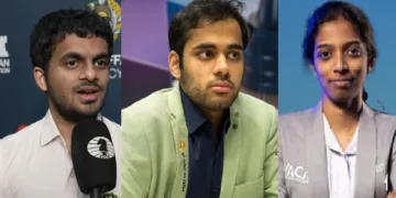 നിഹാല്‍ സരിന്‍ (ഇടത്ത്) അര്‍ജുന്‍ എരിഗെയ്സി (നടുവില്‍) വൈശാലി (വലത്ത്)