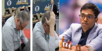 പ്രജ്ഞാനന്ദയുടെ 60ാം നീക്കത്തില്‍ തോല്‍വി ഉറപ്പായെന്ന് കണ്ട് നിരാശയോടെ തലയില്‍ കൈവെച്ച് ഇസ്രയേല്‍ ഗ്രാന്‍റ് മാസ്റ്റര്‍ ബോറിസ് ഗെല്‍ഫാന്‍റ് (ഇടത്ത്) പ്രജ്ഞാനന്ദ (വലത്ത്)