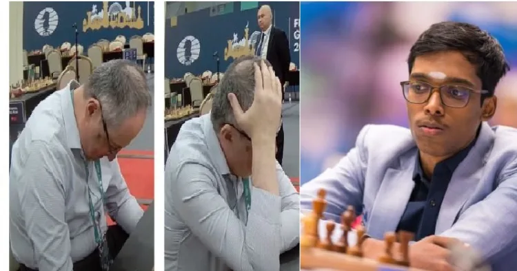 പ്രജ്ഞാനന്ദയുടെ 60ാം നീക്കത്തില്‍ തോല്‍വി ഉറപ്പായെന്ന് കണ്ട് നിരാശയോടെ തലയില്‍ കൈവെച്ച് ഇസ്രയേല്‍ ഗ്രാന്‍റ് മാസ്റ്റര്‍ ബോറിസ് ഗെല്‍ഫാന്‍റ് (ഇടത്ത്) പ്രജ്ഞാനന്ദ (വലത്ത്)