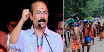 പി.എസ്. പ്രശാന്തിന്‍റെ ശരണം വിളി (ഇടത്ത്) ശരണം വിളിച്ചെത്തുന്ന സാധാരണ അയ്യപ്പന്മാരുടെ മുഷ്ടി ചുരുട്ടാതെയുള്ള ശരണം വിളി (വലത്ത്)