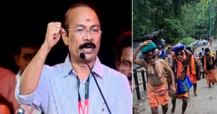 പി.എസ്. പ്രശാന്തിന്‍റെ ശരണം വിളി (ഇടത്ത്) ശരണം വിളിച്ചെത്തുന്ന സാധാരണ അയ്യപ്പന്മാരുടെ മുഷ്ടി ചുരുട്ടാതെയുള്ള ശരണം വിളി (വലത്ത്)