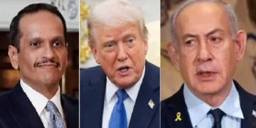 ഖത്തര്‍ പ്രധാനമന്ത്രി (ഇടത്ത്) ട്രംപ് (നടുവില്‍) ഇസ്രയേല്‍ പ്രധാനമന്ത്രി ബെഞ്ചമിന്‍ നെതന്യാഹു (വലത്ത്)