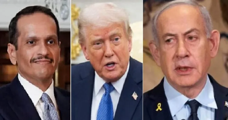 ഖത്തര്‍ പ്രധാനമന്ത്രി (ഇടത്ത്) ട്രംപ് (നടുവില്‍) ഇസ്രയേല്‍ പ്രധാനമന്ത്രി ബെഞ്ചമിന്‍ നെതന്യാഹു (വലത്ത്)