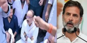 ഉത്തര്‍പ്രദേശ് മന്ത്രി ദിനേഷ് പ്രതാപ് സിങ്ങ് രാഹുല്‍ ഗാന്ധിയ്ക്കെതിരെ റോഡില്‍ കുത്തിയിരുന്നു പ്രതിഷേധിക്കുന്നു (ഇടത്ത്)