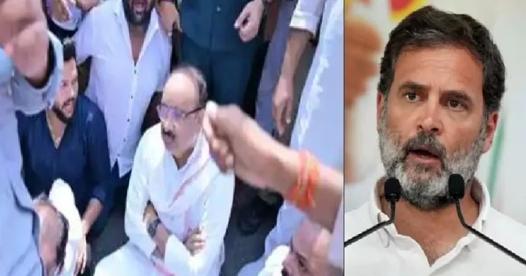 ഉത്തര്‍പ്രദേശ് മന്ത്രി ദിനേഷ് പ്രതാപ് സിങ്ങ് രാഹുല്‍ ഗാന്ധിയ്ക്കെതിരെ റോഡില്‍ കുത്തിയിരുന്നു പ്രതിഷേധിക്കുന്നു (ഇടത്ത്)