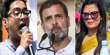 തൃണമൂല്‍ എംപി അഭിഷേക് ബാനര്‍ജി (ഇടത്ത്) മഹുവ മൊയ്ത്ര (വലത്ത്)