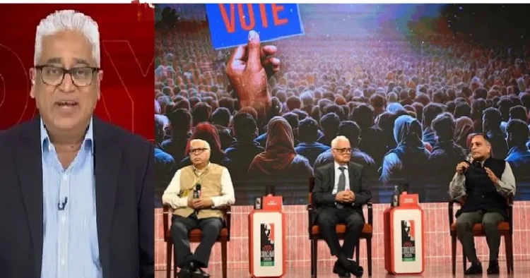 ജേണലിസ്റ്റ് രാജ് ദീപ് സര്ദേശായി (ഇടത്ത്) മുന് മുഖ്യതെരഞ്ഞെടുപ്പ് കമ്മീഷണര്മാരായ ഒ.പി. റാവത്ത്, എസ് വൈ ഖുറൈഷി, അശോക് ലവാസ എന്നിവര് ഇന്ത്യാ ടുഡേ ചര്ച്ചയില് (വലത്ത്)