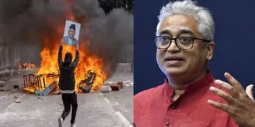 നേപ്പാള്‍ കലാപത്തില്‍ ഒരു ജെന്‍ സീ പ്രതിനിധി നേപ്പാള്‍ പ്രധാനമന്ത്രിയായിരുന്ന ശര്‍മ്മ ഒലിയുടെ ചിത്രം തീയിലേക്കെറിയുന്നു (ഇടത്ത്) രാജ് ദീപ് സര്‍ദേശായി (വലത്ത്)