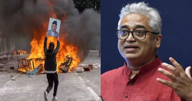 നേപ്പാള്‍ കലാപത്തില്‍ ഒരു ജെന്‍ സീ പ്രതിനിധി നേപ്പാള്‍ പ്രധാനമന്ത്രിയായിരുന്ന ശര്‍മ്മ ഒലിയുടെ ചിത്രം തീയിലേക്കെറിയുന്നു (ഇടത്ത്) രാജ് ദീപ് സര്‍ദേശായി (വലത്ത്)