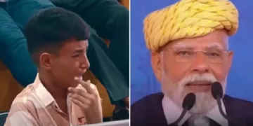 പ്രധാനമന്ത്രി മോദി താന്‍ വരച്ച ചിത്രം വാങ്ങുകയും അതിനെ പ്രശംസിക്കുകയും ചെയ്യുന്നത് കണ്ട് കരയുന്ന 13 കാരന്‍ കുട്ടി (ഇടത്ത്)