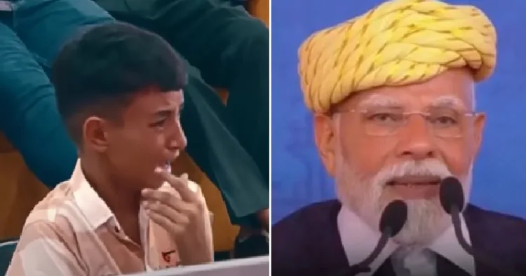 പ്രധാനമന്ത്രി മോദി താന്‍ വരച്ച ചിത്രം വാങ്ങുകയും അതിനെ പ്രശംസിക്കുകയും ചെയ്യുന്നത് കണ്ട് കരയുന്ന 13 കാരന്‍ കുട്ടി (ഇടത്ത്)