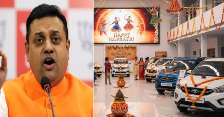 ബിജെപി എംപിയും വക്താവുമായ സംപിത് പത്ര (ഇടത്ത്) ജിഎസ് ടി നിരക്ക് കുറച്ചതോടെ കാര്‍ വില്‍പന കുതിയ്ക്കുന്നു (വലത്ത്)