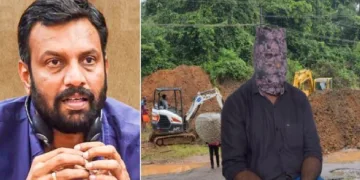 സിപിഐ എംപി പി. സന്തോഷ് കുമാര്‍ (ഇടത്ത്) ധര്‍മ്മസ്ഥലയെക്കുറിച്ച് അപവാദകഥകള്‍ പറ‍ഞ്ഞ ശുചീകരണത്തൊഴിലാളിയായ മുഖംമൂടിമനുഷ്യന്‍ (വലത്ത്)