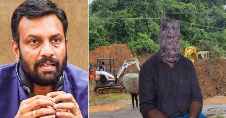 സിപിഐ എംപി പി. സന്തോഷ് കുമാര്‍ (ഇടത്ത്) ധര്‍മ്മസ്ഥലയെക്കുറിച്ച് അപവാദകഥകള്‍ പറ‍ഞ്ഞ ശുചീകരണത്തൊഴിലാളിയായ മുഖംമൂടിമനുഷ്യന്‍ (വലത്ത്)