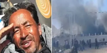 സോനം വാങ്ചുക് (ഇടത്ത്) ബിജെപി ഓഫീസ് കത്തിയ നിലയില്‍ (വലത്ത്)