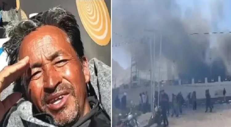 സോനം വാങ്ചുക് (ഇടത്ത്) ബിജെപി ഓഫീസ് കത്തിയ നിലയില്‍ (വലത്ത്)