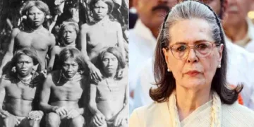 ഗ്രേറ്റ് നിക്കോബാറിലെ ഗോത്ര വര്‍ഗ്ഗമായ ഷോംപെന്‍ വിഭാഗം (ഇടത്ത്)