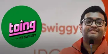 സ്വിഗ്ഗിയുടെ പുതിയ ഫുഡ് ഡെലിവറി ആപായ ടോയിങ്ങ് ലോഗോ (ഇടത്ത്) സ്വിഗ്ഗി ഉടമ ശ്രീഹസ്തി മജെറ്റി(വലത്ത്)