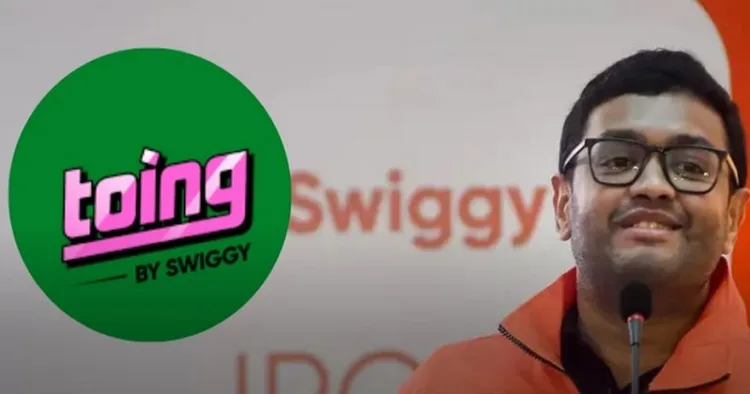 സ്വിഗ്ഗിയുടെ പുതിയ ഫുഡ് ഡെലിവറി ആപായ ടോയിങ്ങ് ലോഗോ (ഇടത്ത്) സ്വിഗ്ഗി ഉടമ ശ്രീഹസ്തി മജെറ്റി(വലത്ത്)