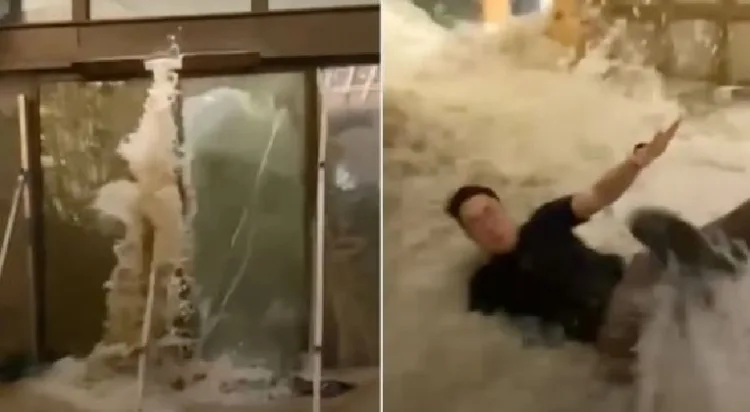 ഹോങ്കോങ്ങിലെ ഒരു ആഡംബര ഹോട്ടലിന്‍റെ ചില്ല് തകര്‍ത്ത് റഗാസ ചുഴലി വെള്ളപ്പൊക്കമുണ്ടാക്കുന്നു (ഇടത്ത്) താമസക്കാര്‍ വെള്ളത്തില്‍ ഒലിച്ചുപോകുന്നു (വലത്ത്)