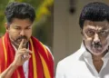 നടന്‍ വിജയ് (ഇടത്ത്) മുഖ്യമന്ത്രി എം.കെ.സ്റ്റാലിന്‍ (വലത്ത്)