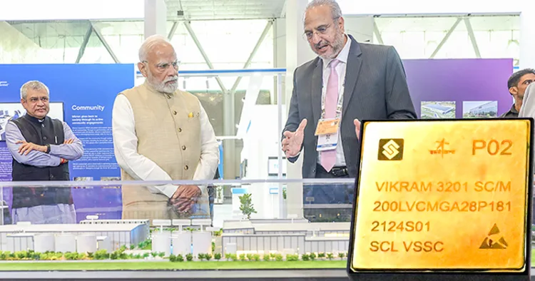 ന്യൂദല്‍ഹിയില്‍ സെമികോണ്‍ ഇന്ത്യാ 2025 സമ്മേളനത്തിന്റെ ഭാഗമായി ഒരുക്കിയ പ്രദര്‍ശനം പ്രധാനമന്ത്രി നരേന്ദ്ര മോദി സന്ദര്‍ശിക്കുന്നു. കേന്ദ്ര ഇലക്ട്രോണിക്‌സ്-ഐടി മന്ത്രി അശ്വിനി വൈഷ്ണവ് സമീപം. ഇന്‍സെറ്റില്‍ ഭാരതം പൂര്‍ണമായും തദ്ദേശീയമായി നിര്‍മിച്ച 32 ബിറ്റ് മൈക്രോപ്രൊസസര്‍ വിക്രം 3201