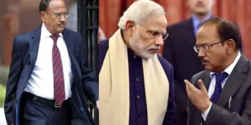 ഇന്ത്യയുടെ ജെയിംസ് ബോണ്ടായി അറിയപ്പെടുന്ന അജിത് ഡോവല്‍ (ഇടത്ത്) മോദിയുമായി ഗൗരവമായ ചര്‍ച്ചയില്‍ ഡോവല്‍ (വലത്ത്)