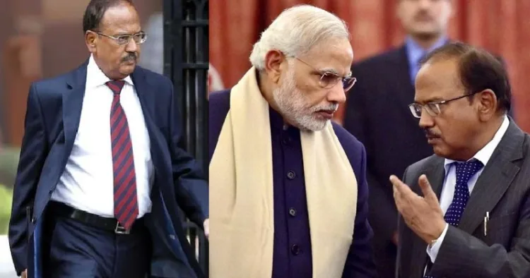 ഇന്ത്യയുടെ ജെയിംസ് ബോണ്ടായി അറിയപ്പെടുന്ന അജിത് ഡോവല്‍ (ഇടത്ത്) മോദിയുമായി ഗൗരവമായ ചര്‍ച്ചയില്‍ ഡോവല്‍ (വലത്ത്)