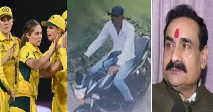 മധ്യപ്രദേശ് ആഭ്യന്തരമന്ത്രി നരോത്തം മിശ്ര (വലത്ത്) ആസ്ത്രേല്യയിലെ വനിതാ ക്രിക്കറ്റ് താരങ്ങളെ ഉപദ്രവിച്ച അക്കില്‍ ഖാന്‍ (നടുവില്‍)