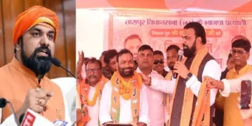 സമ്രാട്ട് ചൗധരി ബിജെപിയുടെ ശക്തനായ സ്ഥാനാര്‍ത്ഥി ബിജെപിയില്‍ ചേരുന്ന വിഐപി പാര്‍ട്ടിയുടെ താരാപൂര്‍ സ്ഥാനാര്‍ഥി ഷകല്‍ദേവ് ബീണ്ഡ്..ബിജെപി സ്ഥാനാര്‍ത്ഥി സമ്രാട്ട് ചൗധരിയെയും കാണാം (വലത്ത്) ബിജെപിയുടെ താരാപൂര്‍ മണ്ഡലം സ്ഥാനാര്‍ത്ഥി സമ്രാട്ട് ചൗധരി (ഇടത്ത്)