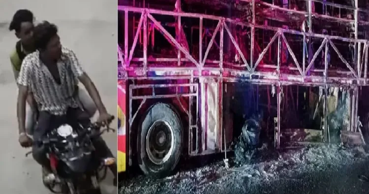 മദ്യപിച്ച് ലക്കുകെട്ട രണ്ട് യുവാക്കള്‍ ബൈക്കോടിക്കുന്നു (ഇടത്ത്) ആന്ധ്രയിലെ ബസിന് തീപിടിച്ച നിലയില്‍ (വലത്ത്)