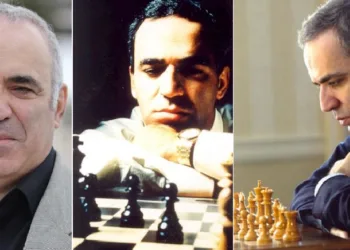 62കാരനായ ഇപ്പോഴത്തെ ഗാരി കാസ്പറോവ് (ഇടത്ത്) ചെസ്സിലെ യുവപ്രതിഭയായ പഴയ കാല ഗാരി കാസ്പറോവ് (നടുവിലും വലത്തും)