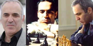 62കാരനായ ഇപ്പോഴത്തെ ഗാരി കാസ്പറോവ് (ഇടത്ത്) ചെസ്സിലെ യുവപ്രതിഭയായ പഴയ കാല ഗാരി കാസ്പറോവ് (നടുവിലും വലത്തും)