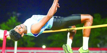 കേരള സ്‌കൂള്‍ കായികമേളയില്‍ സീനിയര്‍ ആണ്‍കുട്ടികളും ഹൈജംപില്‍ കോട്ടയം മുരിക്കിന്‍വയല്‍ ജിഎച്ച്എസ്എസിലെ ജുവല്‍ തോമസ് സ്വര്‍ണം നേടുന്നു