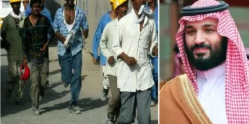 സൗദി കിരീടാവകാശി മുഹമ്മദ് ബിന്‍ സല്‍മാന്‍ (വലത്ത്) സൗദിയിലെ ഇന്ത്യന്‍ തൊഴിലാളികള്‍ (ഇടത്ത്)