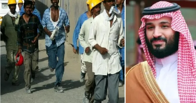 സൗദി കിരീടാവകാശി മുഹമ്മദ് ബിന്‍ സല്‍മാന്‍ (വലത്ത്) സൗദിയിലെ ഇന്ത്യന്‍ തൊഴിലാളികള്‍ (ഇടത്ത്)