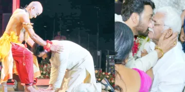 കേന്ദ്ര സര്‍ക്കാരിന്റെ ദാദാ സാഹേബ് ഫാല്‍കെ പുരസ്‌കാരം നേടിയതിന് ആദരിക്കാന്‍ കേരള സര്‍ക്കാര്‍ തിരുവനന്തപുരത്ത് ഏര്‍പ്പെടുത്തിയ ചടങ്ങിന്റെ ഉദ്ഘാടനത്തിന് ശേഷം കഥകളി അവതരിപ്പിച്ച കലാമണ്ഡലം ബാലസുബ്രഹ്മണ്യന്‍ ആശാന്റെ കാല്‍ തൊട്ട് വണങ്ങുന്ന നടന്‍ മോഹന്‍ലാല്‍, മോഹന്‍ലാല്‍ സദസിലിരുന്ന ജഗതി ശ്രീകുമാറിന് സ്‌നേഹചുംബനം നല്‍കുന്നു