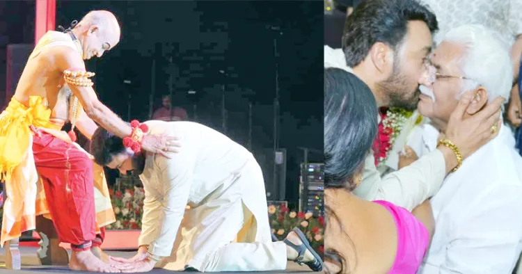 കേന്ദ്ര സര്‍ക്കാരിന്റെ ദാദാ സാഹേബ് ഫാല്‍കെ പുരസ്‌കാരം നേടിയതിന് ആദരിക്കാന്‍ കേരള സര്‍ക്കാര്‍ തിരുവനന്തപുരത്ത് ഏര്‍പ്പെടുത്തിയ ചടങ്ങിന്റെ ഉദ്ഘാടനത്തിന് ശേഷം കഥകളി അവതരിപ്പിച്ച കലാമണ്ഡലം ബാലസുബ്രഹ്മണ്യന്‍ ആശാന്റെ കാല്‍ തൊട്ട് വണങ്ങുന്ന നടന്‍ മോഹന്‍ലാല്‍, മോഹന്‍ലാല്‍ സദസിലിരുന്ന ജഗതി ശ്രീകുമാറിന് സ്‌നേഹചുംബനം നല്‍കുന്നു