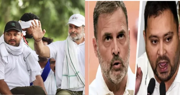 ബീഹാറില്‍ തെരഞ്ഞെടുപ്പ് പ്രചാരണസമയത്ത് കൈകോര്‍ത്ത് പ്രവര്‍ത്തിച്ച് രാഹുലും തേജസ്വി യാദവും(ഇടത്ത്)...സീറ്റു പങ്കുവെയ്ക്കുമ്പോള്‍ ഇരുവരും ബദ്ധ ശത്രുക്കള്‍ (വലത്ത്)