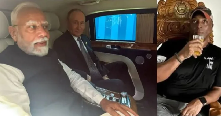 അമേരിക്കയുടെ ചാരസംഘടനയായ സിഐഎയുടെ ഏജന്‍റായ ടെറേസ് ജാക്സന്‍ (വലത്ത്) മോദിയും പുടിനും ചൈനയില്‍ പുടിന്‍റെ സ്വകാര്യ കാറിനുളളില്‍ ചര്‍ച്ച നടത്തുന്നു (ഇടത്ത്)